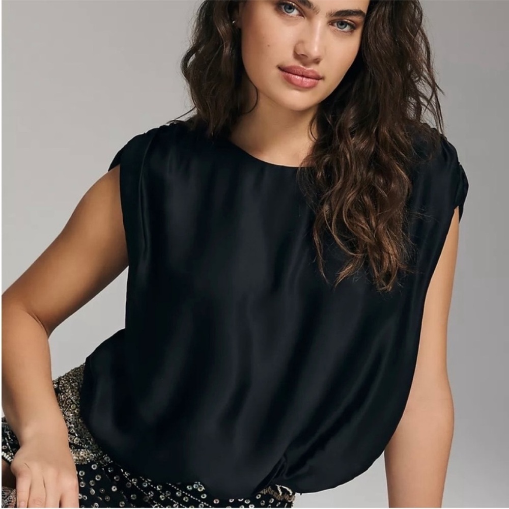 Anthropologie Black Silky Boatneck Elegant Blouse Medium NWT